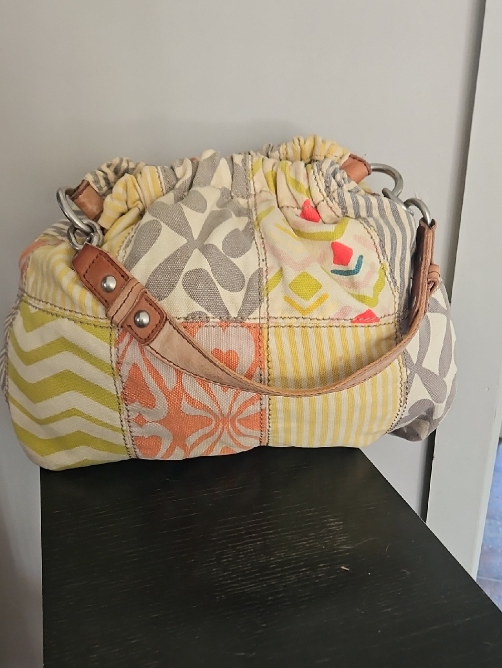 Fossil Patchwork Shoulder Bag in Yellow, Peach & Tan Fabric Leather Hardware